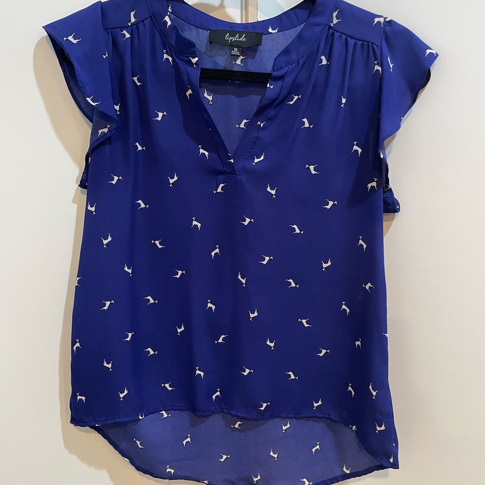 Blue with dog print flutter sleeve blouse